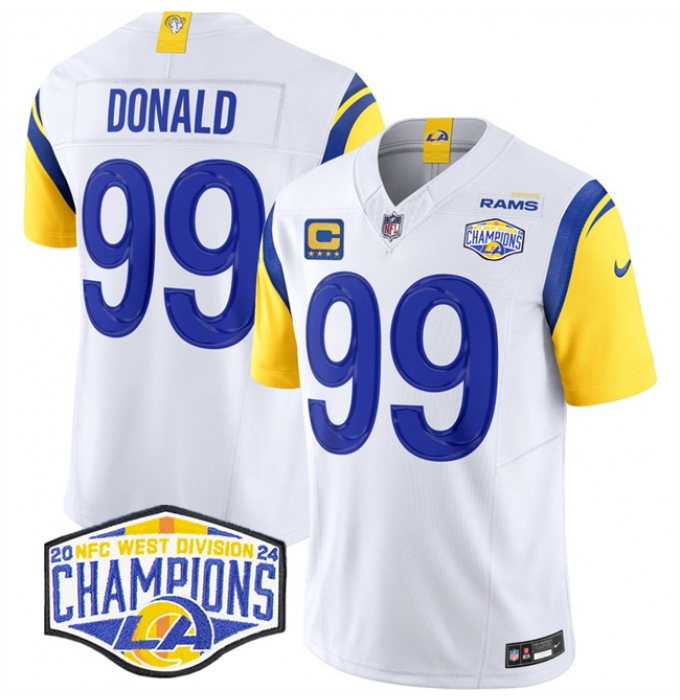 Men's Los Angeles Rams #99 Aaron Donald White 2024 NFC West Champions With 4-Star C F.U.S.E. Vapor Untouchable Stitched Football Jersey