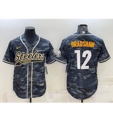 Men's Pittsburgh Steelers #12 Terry Bradshaw Grey Navy Camo With Patch Cool Base Stitched Baseball Jersey