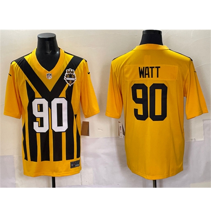 Men's Pittsburgh Steelers #90 T.J. Watt Gold 1933 Throwback Alternate Football Stitched Game Jersey