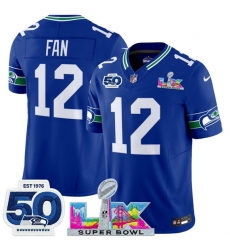 Men's Seattle Seahawks #12 Fan Royal 2025 F.U.S.E. Super Bowl LX And 50th Season Vapor Throwback Limited Football Stitched Jersey