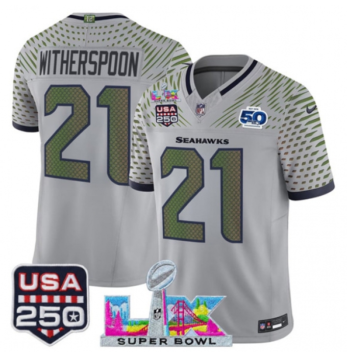 Men's Seattle Seahawks #21 Devon Witherspoon Gray 2025 F.U.S.E. Super Bowl LX & US 250th anniversary And 50th Season“Rivalries” Vapor Limited Football Stit