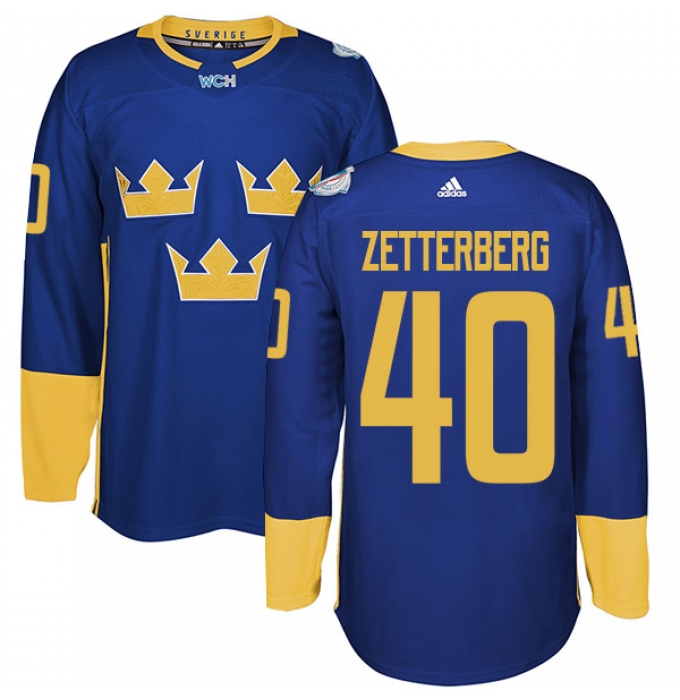 Men's Adidas Team Sweden #40 Henrik Zetterberg Premier Royal Blue Away 2016 World Cup of Hockey Jersey