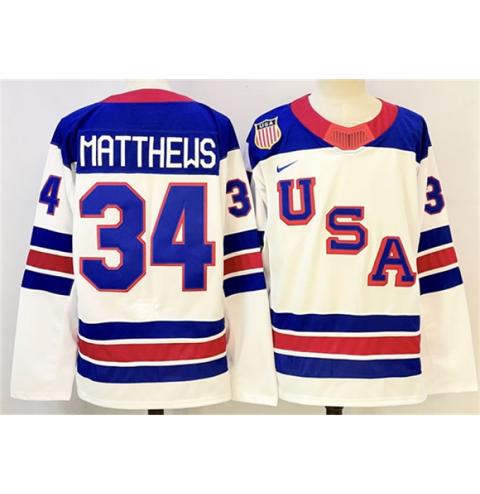 Men's USA #34 Auston Matthews White 2025-2026 Stitched Jersey