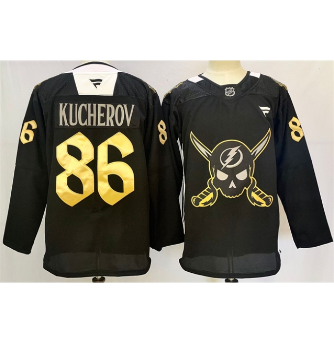 Men's Tampa Bay Lightning #86 Nikita Kucherov 2024-25 Black Gasparilla Inspired Pirate-Themed Warmup Stitched Jersey