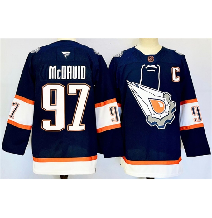 Men's Edmonton Oilers #97 Connor McDavid Navy With C Reverse Retro Stitched Jersey