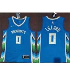 Men's Milwaukee Bucks #0 Damian Lillard Blue 2022-23 City Edition Stitched Basketball Jersey