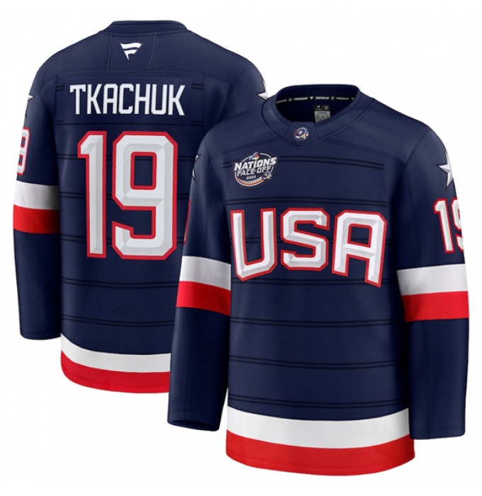 Men's USA #19 Matthew Tkachuk Navy 2025 4 Nations Face-Off Stitched Jersey