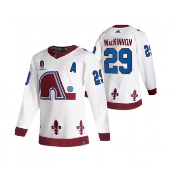 Men's Colorado Avalanche #29 Nathan MacKinnon 2022 White Stanley Cup Champions Patch Stitched Jersey