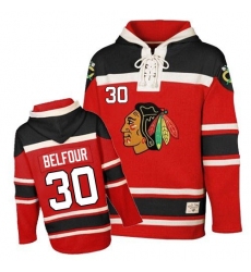 Men's Old Time Hockey Chicago Blackhawks #30 ED Belfour Premier Red Sawyer Hooded Sweatshirt NHL Jersey
