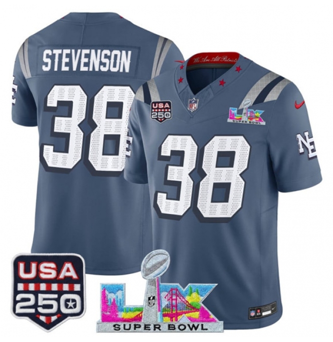 Men's New England Patriots #38 Rhamondre Stevenson Storm Blue 2025 F.U.S.E. Super Bowl LX & USA 250“Rivalries” Vapor Limited Football Stitched Jersey