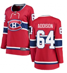 Women's Montreal Canadiens #64 Jeremiah Addison Authentic Red Home Fanatics Branded Breakaway NHL Jersey