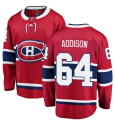 Youth Montreal Canadiens #64 Jeremiah Addison Authentic Red Home Fanatics Branded Breakaway NHL Jersey
