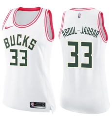 Women's Nike Milwaukee Bucks #33 Kareem Abdul-Jabbar Swingman White/Pink Fashion NBA Jersey