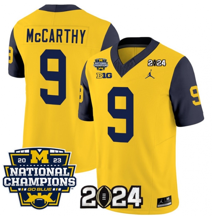 Men's Michigan Wolverines #9 J.J. McCarthy Yellow Navy 2024 F.U.S.E. With 2023 National Champions Stitched Jersey