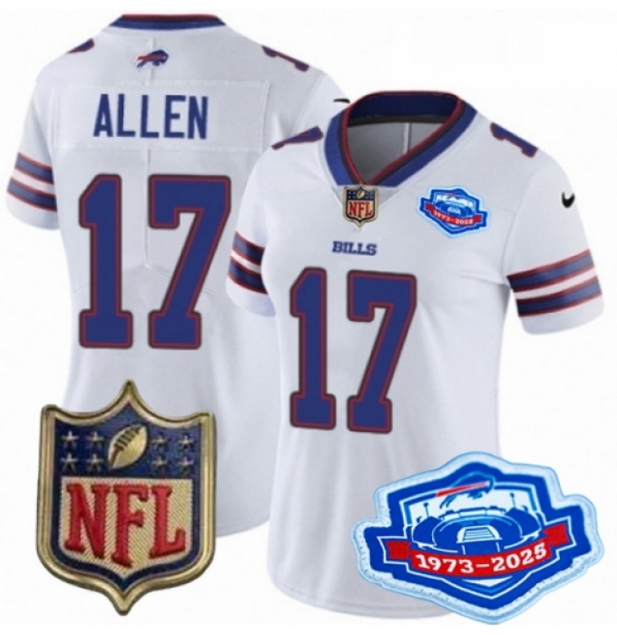Women Buffalo Bills 17 Josh Allen White 2025 F U S E Farewell Season Gold Shield Patch Stitched Football Jersey