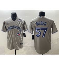 Men's Toronto Blue Jays #57 Shane Bieber Grey 2025 World Series Cool Base Stitched Baseball Jersey