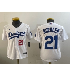 Youth Los Angeles Dodgers #21 Walker Buehler Number White Stitched Cool Base Nike Jersey