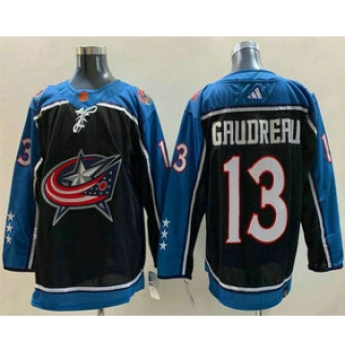 Men's Columbus Blue Jackets #13 Johnny Gaudreau Black 2022 Reverse Retro Stitched Jersey