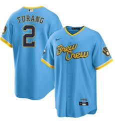 Men's Milwaukee Brewers #2 Brice Turang Blue 2022 City Connect Cool Base Stitched Jersey