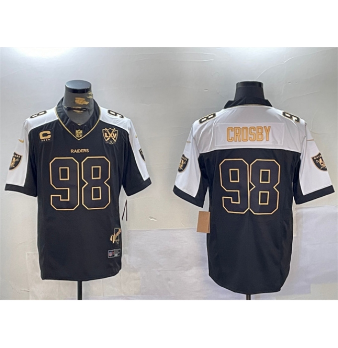 Men's Las Vegas Raiders #98 Maxx Crosby Black Gold F.U.S.E. With Nevada Silver Stat Patch And 65th Anniversary 4-Star C Limited Stitched Football Jersey