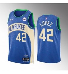 Men's Milwaukee Bucks #42 Robin Lopez Blue 2023-24 City Edition Stitched Basketball Jersey