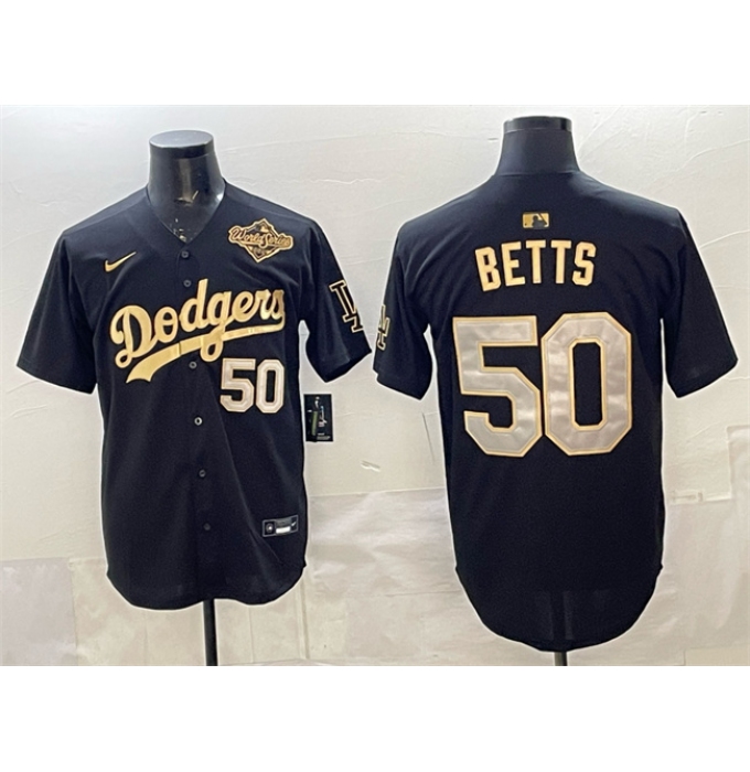 Men's Los Angeles Dodgers #50 Mookie Betts Black Gold 2025 World Series Limited Stitched Baseball Jersey