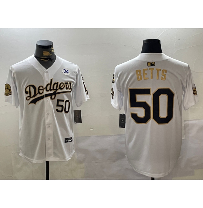 Mens Los Angeles Dodgers #50 Mookie Betts White Gold 2024 World Series With Fernando Memorial Limited Stitched Baseball Jersey