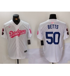 Men's Los Angeles Dodgers #50 Mookie Betts White Pink Vin & Kobe Stitched Baseball Jersey1