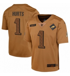 Youth Philadelphia Eagles #1 Jalen Hurts Nike Brown 2023 Salute To Service Limited Jersey