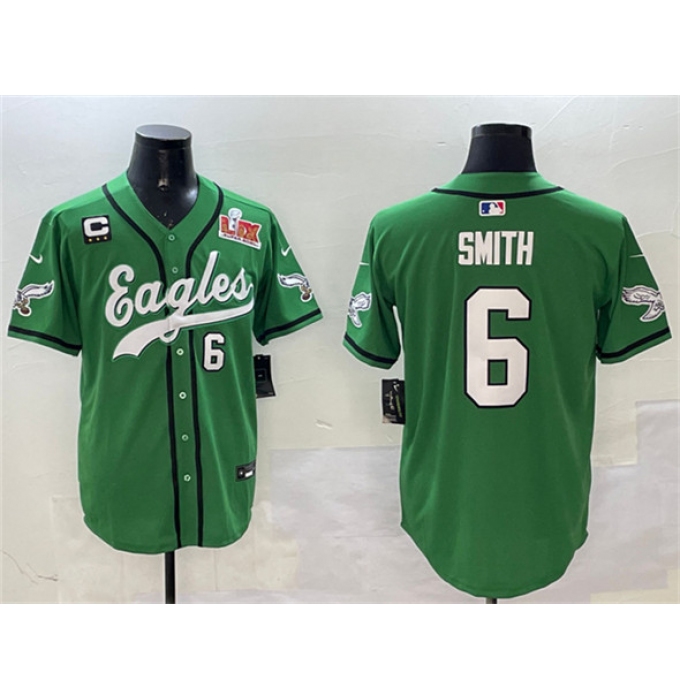 Men's Philadelphia Eagles #6 DeVonta Smith Green 2025 Super Bowl LIX And 3-Star C Stitched Baseball Jersey