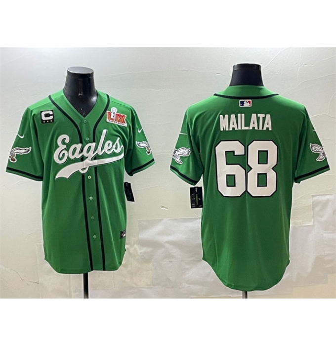 Men's Philadelphia Eagles #68 Jordan Mailata Green 2025 Super Bowl LIX And 3-Star C Stitched Baseball Jersey