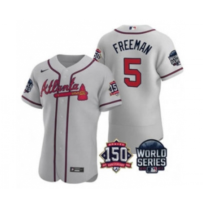 Men's Atlanta Braves #5 Freddie Freeman 2021 Gray World Series Flex Base With 150th Anniversary Patch Baseball Jersey