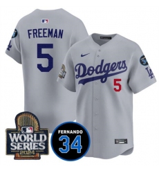 Men's Los Angeles Dodgers #5 Freddie Freeman Grey 2024 World Series With Fernando Memorial Limited Stitched Baseball Jersey