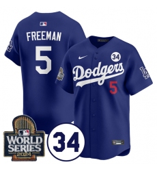 Men's Los Angeles Dodgers #5 Freddie Freeman Royal 2024 World Series With No. 34 Cool Base Stitched Baseball Jersey