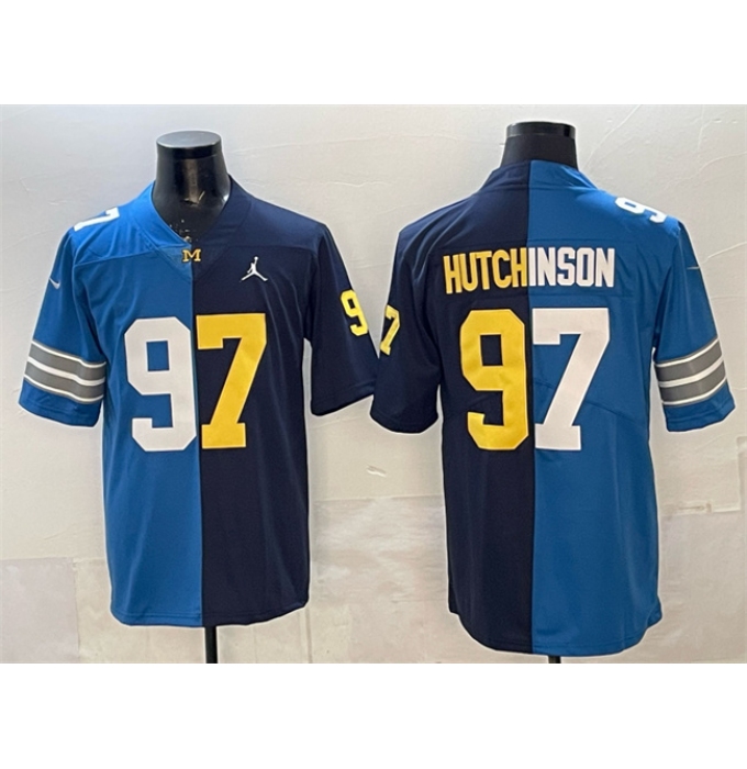 Men's Detroit Lions X Wolverines #97 Aidan Hutchinson Blue Navy Split Vapor Limited Stitched Jersey