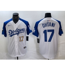 Mens Los Angeles Dodgers #17 Shohei Ohtani Number White Blue Fashion Stitched Cool Base Limited Jersey