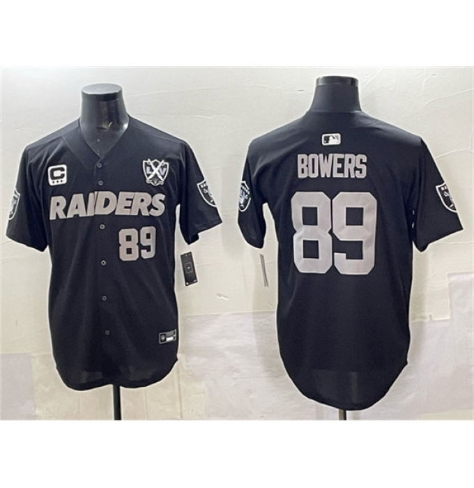 Men's Las Vegas Raiders #89 Brock Bowers Black With Nevada Silver Stat And 65th Anniversary 3-Star C Stitched Baseball Jersey