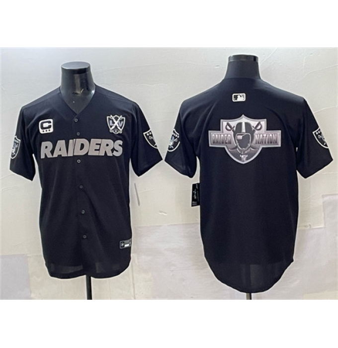 Men's Las Vegas Raiders Team Big Logo Black With Nevada Silver Stat And 65th Anniversary 3-Star C Stitched Baseball Jersey