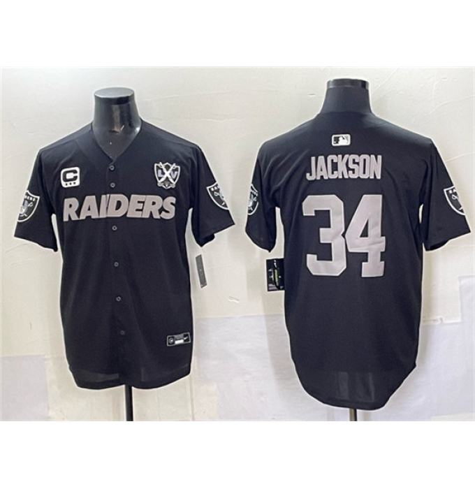 Men's Las Vegas Raiders #34 Bo Jackson Black With Nevada Silver Stat And 65th Anniversary 3-Star C Stitched Baseball Jersey