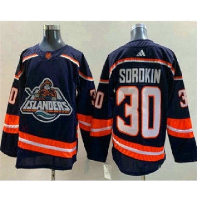 Men's New York Islanders #30 Ilya Sorokin Navy 2022 Reverse Retro Stitched Jersey