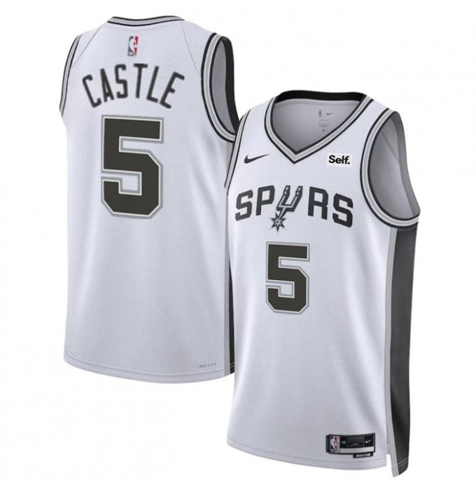 Men's San Antonio Spurs #5 Stephon Castle White Stitched Basketball Jersey