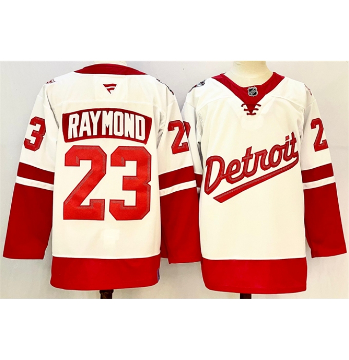 Men's Detroit Red Wings #23 Lucas Raymond White Red 2024-25 Stitched Jersey