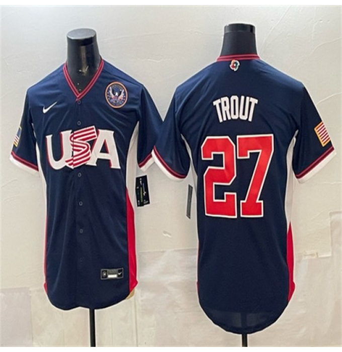 Men's USA Baseball #27 Mike Trout Navy 2026 World Baseball Classic United States 250th Anniversary Road Stadium Stitched Jersey
