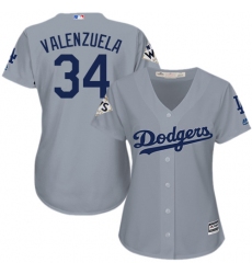 Women's Majestic Los Angeles Dodgers #34 Fernando Valenzuela Replica Grey Road 2017 World Series Bound Cool Base MLB Jersey