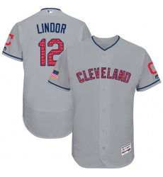 Men's Majestic Cleveland Indians #12 Francisco Lindor Grey Stars & Stripes Authentic Collection Flex Base MLB Jersey