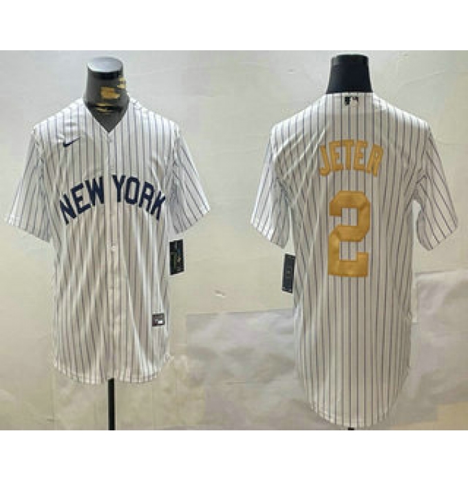 Men's New York Yankees #2 Derek Jeter White Pinstripe Name Fashion Cool Base Jersey