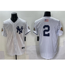 Men's New York Yankees #2 Derek Jeter White Strip World Series Limited Stitched Baseball Jersey