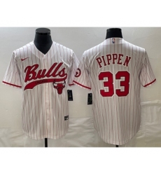 Men's Chicago Bulls #33 Scottie Pippen White Pinstripe Cool Base Stitched Baseball Jersey