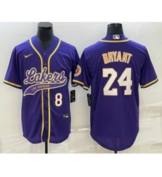 Men's Los Angeles Lakers #8 #24 Kobe Bryant Number Purple With Cool Base Stitched Baseball Jersey