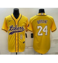 Men's Los Angeles Lakers #8 #24 Kobe Bryant Yellow With Cool Base Stitched Baseball Jersey